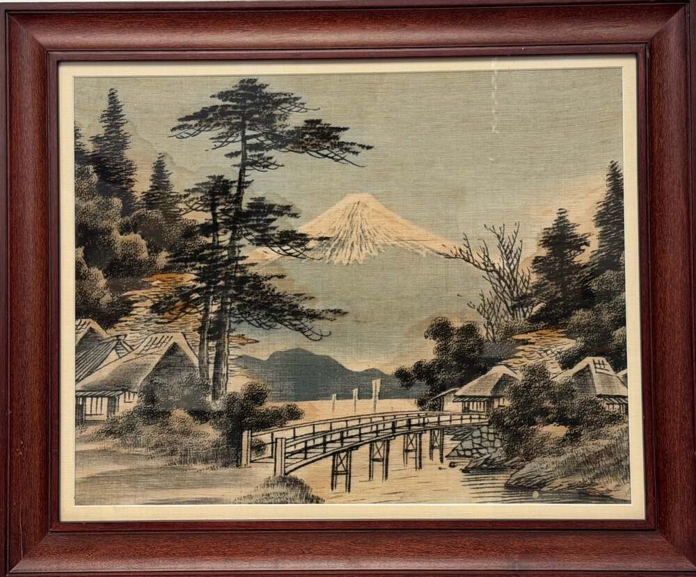 Vintage Japanese Painting on Silk – Mt. Fuji Village‎ Bridge Landscape, Framed